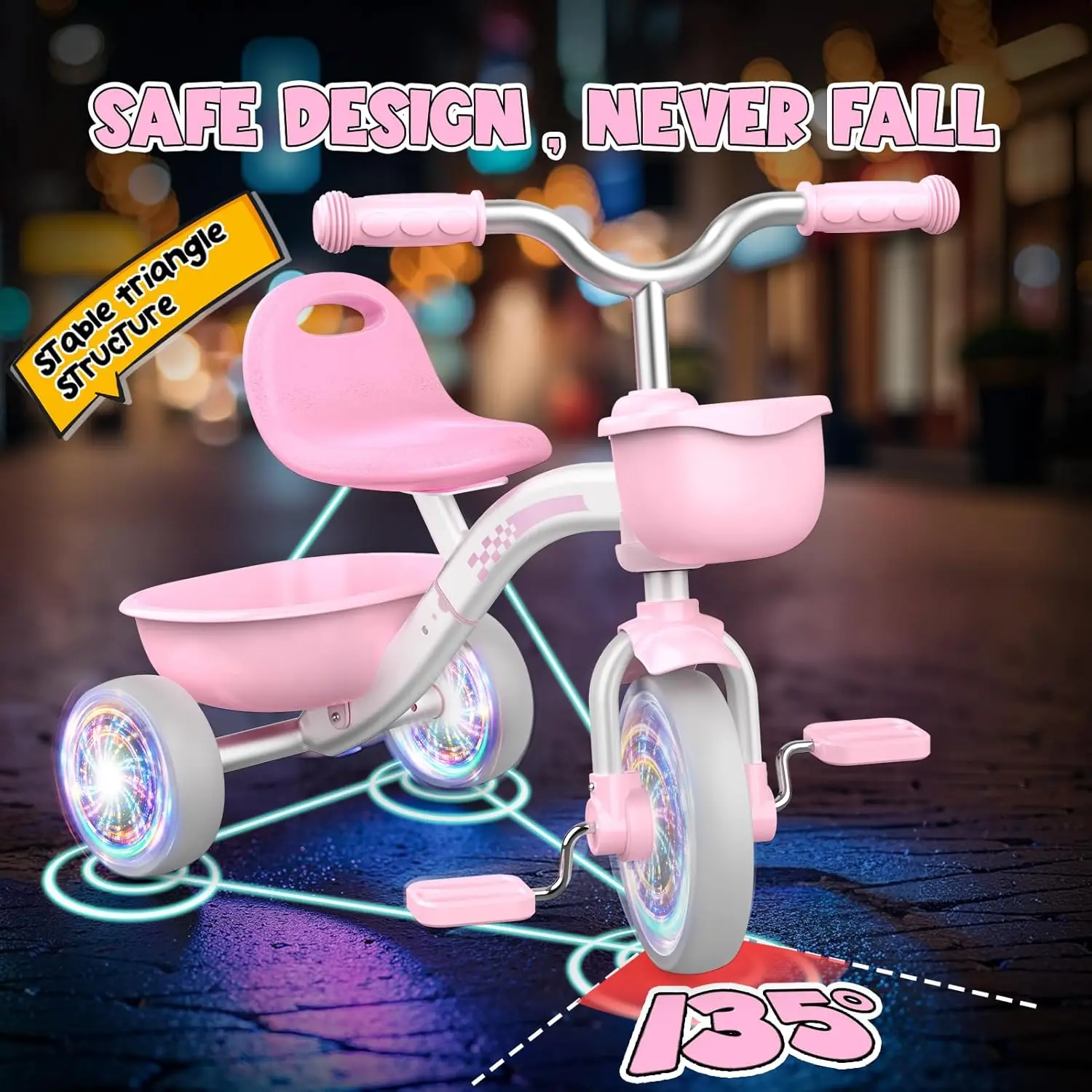 Toddler Tricycle for 1-5 Years, Pink Baby Bike with Light-Up Wheels, 4-Level Adjustable Seat, 2 Baskets, Outdoor Riding Toy for Girls view 4
