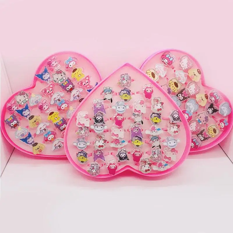 36Pcs Sanrio Hello Kitty Kid Ring Set Kids Kuromi Adjustable Baby Rings Cartoon Children Girl Rings with Heart Box Girls Gift