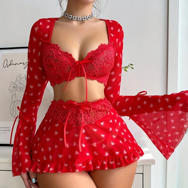 

Erotic Sexy 3 Piece Set See-through Sexy Lingerie For Women Red Love Bra Mesh Patchwork Ruched Lace Up Skirt Thong Sexy Suit New