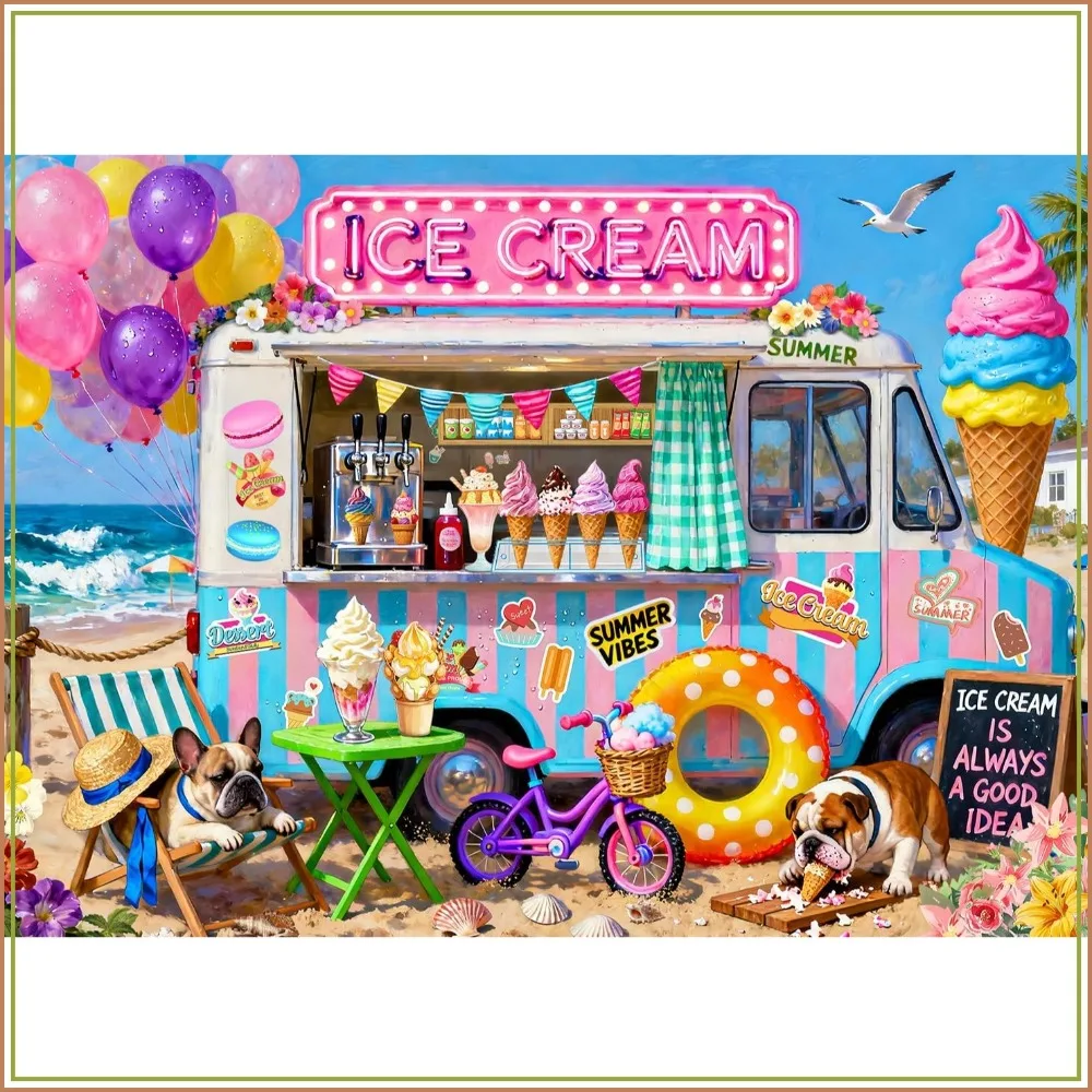 

500 Piece Jigsaw Puzzle for Adults - Beach Ice Cream Truck with Cute Bulldogs, 19.3" x 13.7"