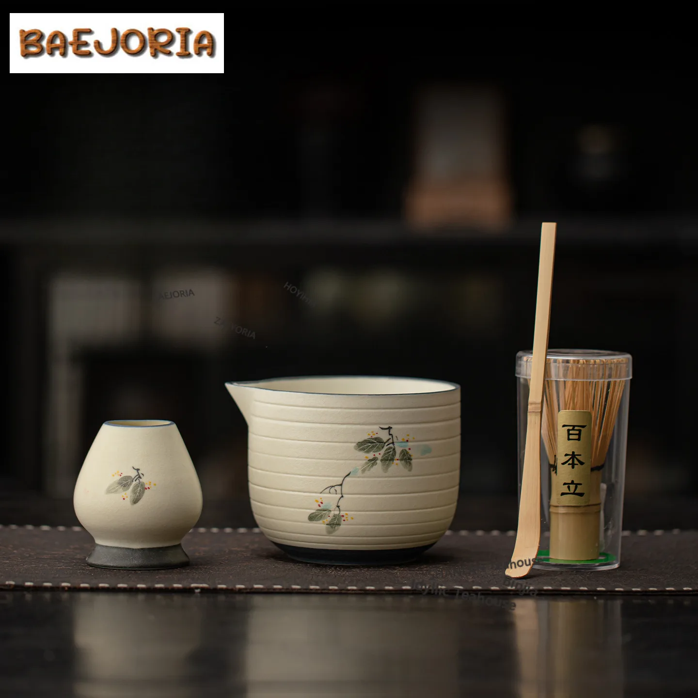

Hand-painted Matcha Four-piece Set Three-dimensional Striped Ceramic Bowl Tea Cup Whisk Stand Baibenli Song Dynasty Ornaments