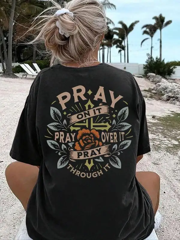 

Women's Floral & Letter Print Drop Shoulder Tee, Casual Half Sleeve Round Neck T-shirt for Summer, Women's Top for Daily Wear