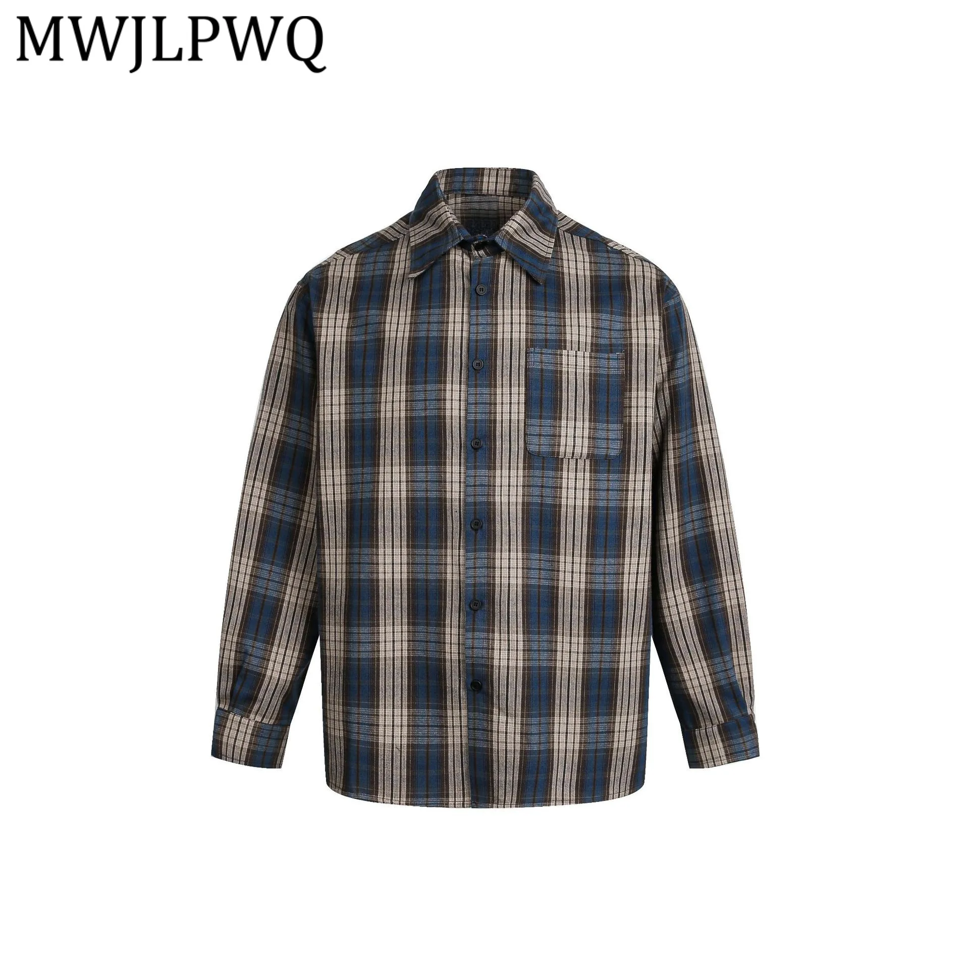 

MWJLPWQ American Street Style Fuzzy Plaid Basic Shirt Men's Spliced Pocket Long Sleeve For Men Casual Tops Spring New 13402