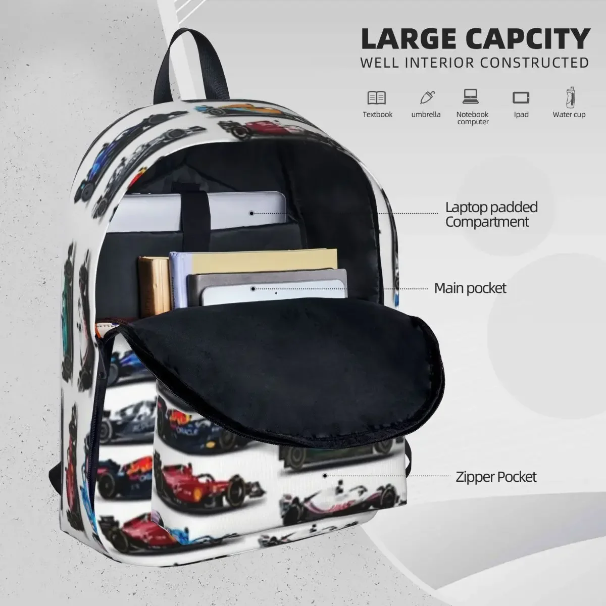 F1 All Cars 2022 Backpack Casual Student School Bag Laptop Rucksack Travel Rucksack Large Capacity Bookbag