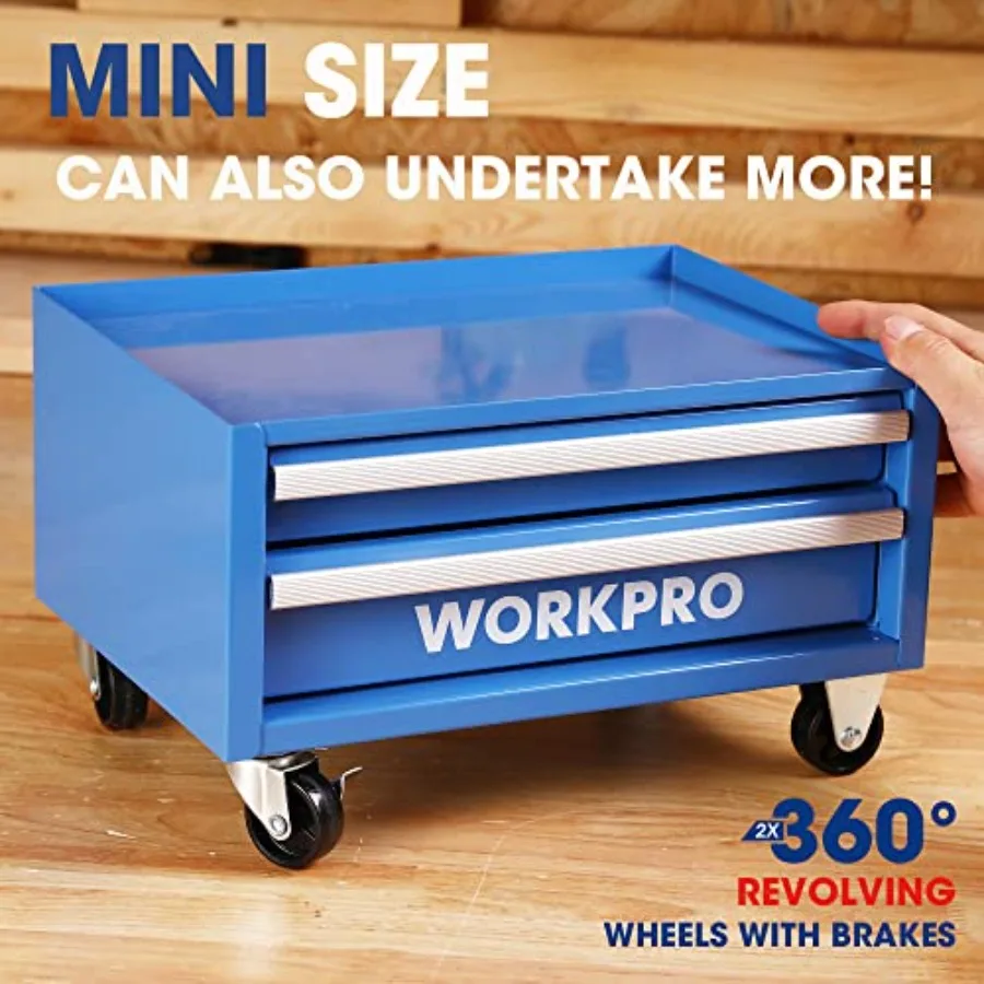 Real Tool Set with 12 Inch Steel Tool Chest with Wheels 10PCS Boys First Tool Set with 2 Drawers Blue Metal Rolling Too