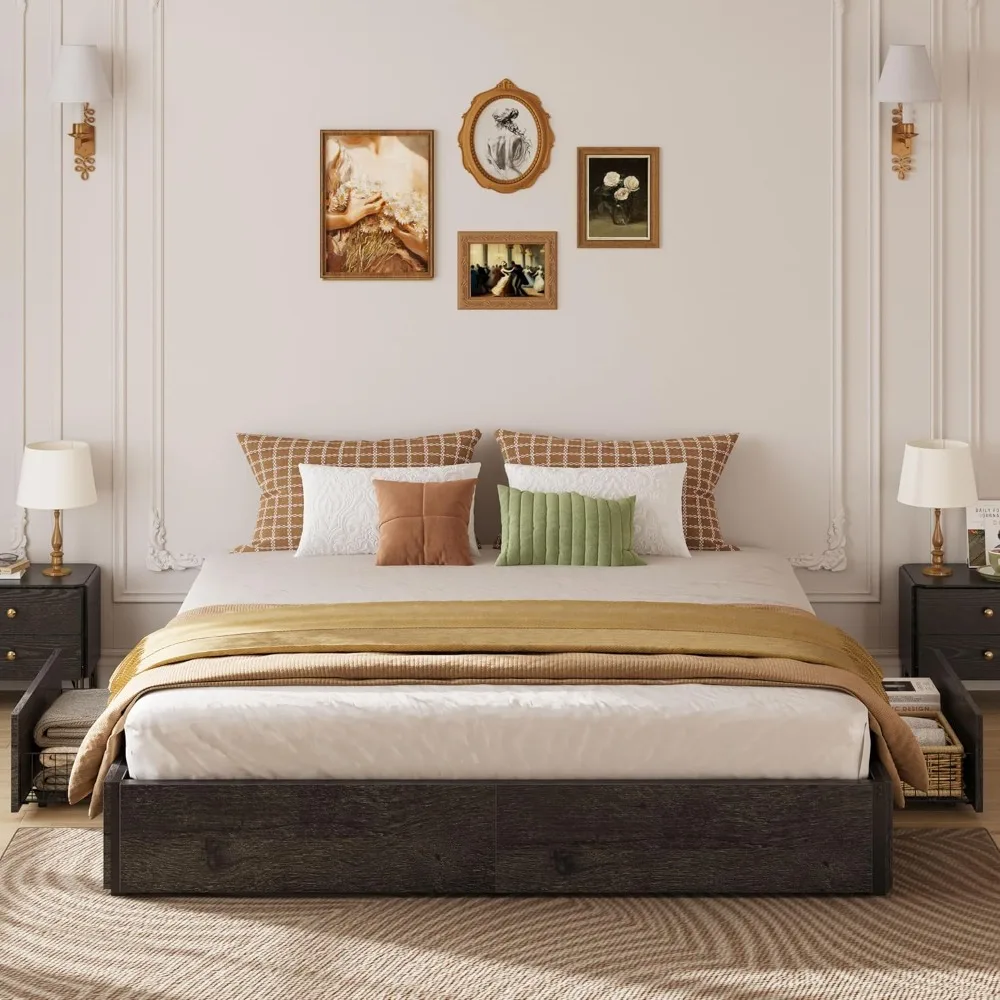 

King Bed Frame with Storage, 4 Drawers and Heavy Strong Metal Support Frames, Solid Stable, Noise-Free, No Box Spring Ne