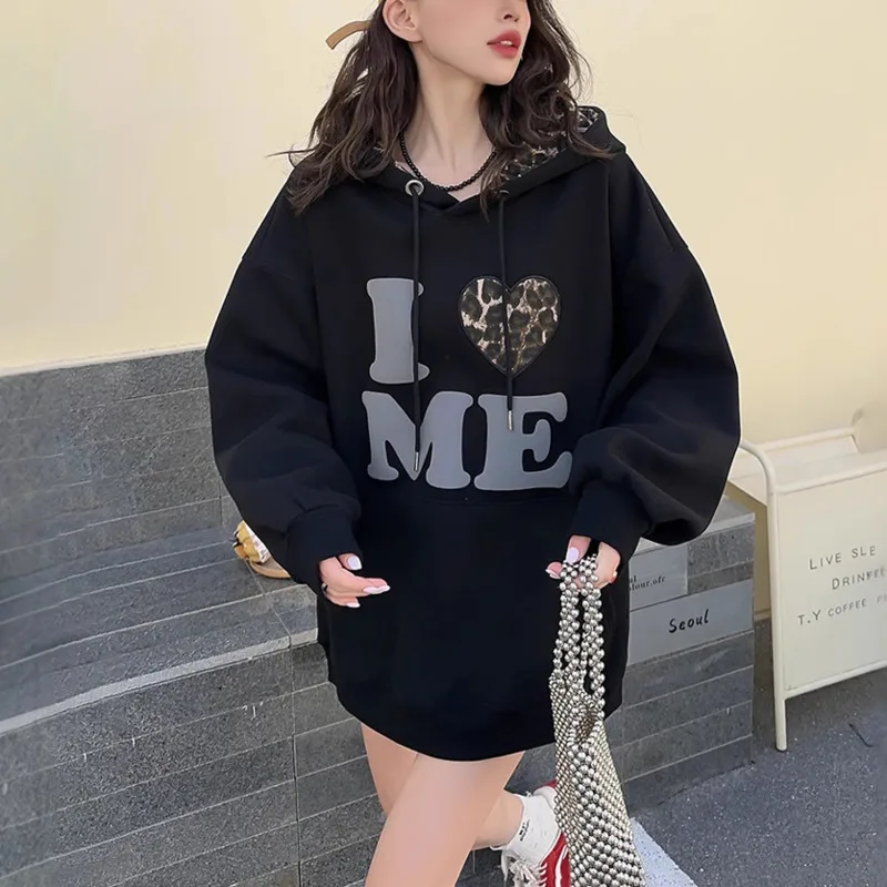 Letter Love Printed Hoodie Long Sleeved Hooded Sweatshirt Women Y2K Korean Loose Casual Thread Loose Pullover Top All Sizes New