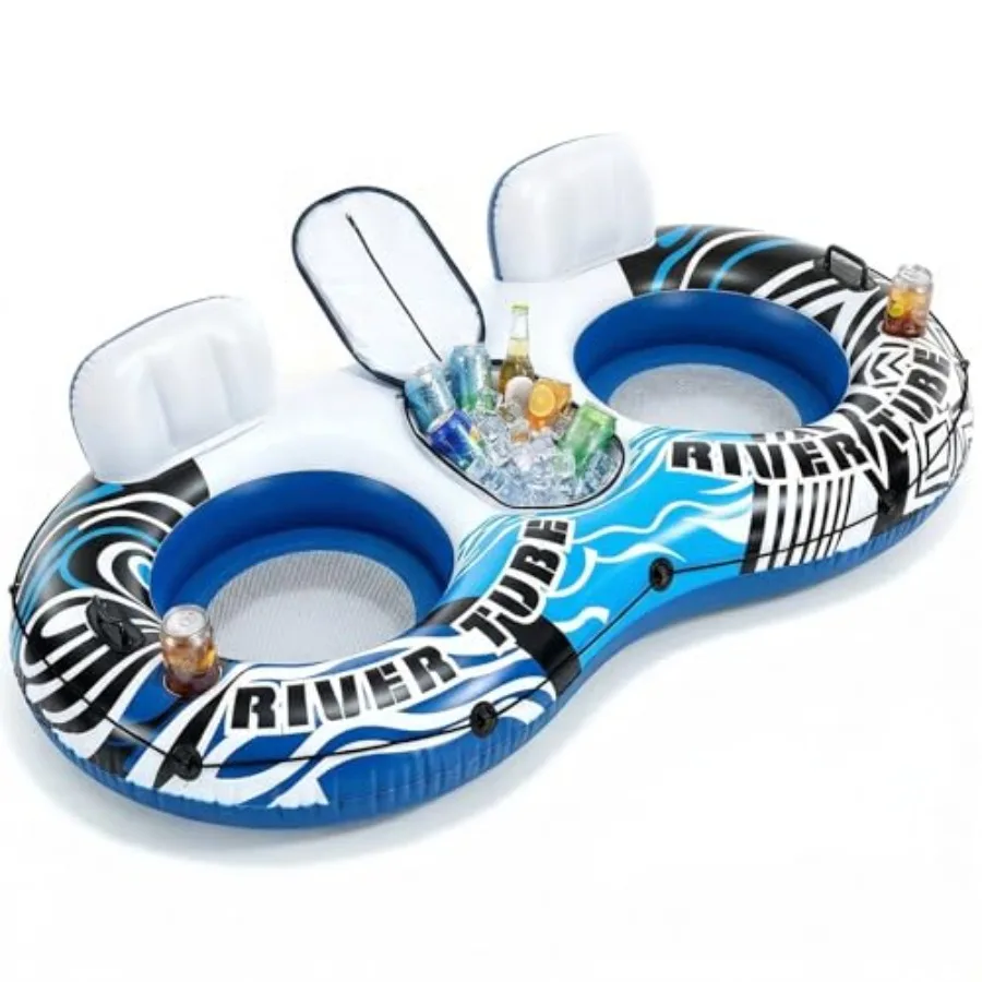 

2 Person Inflatable River Float for lakes and pools, heavy-duty PVC in blue, with removable cooler, 2 cup holders, supportive b