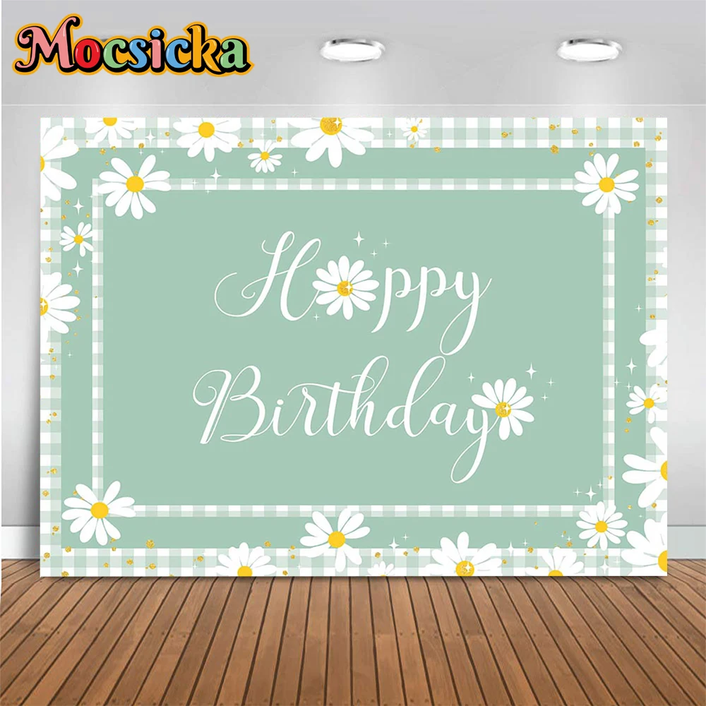 

Baby Green Daisy Theme Birthday Party Background Banner White Flower Plaid Decor Backdrop Girl Newborn Kid Photo Cake Table Prop