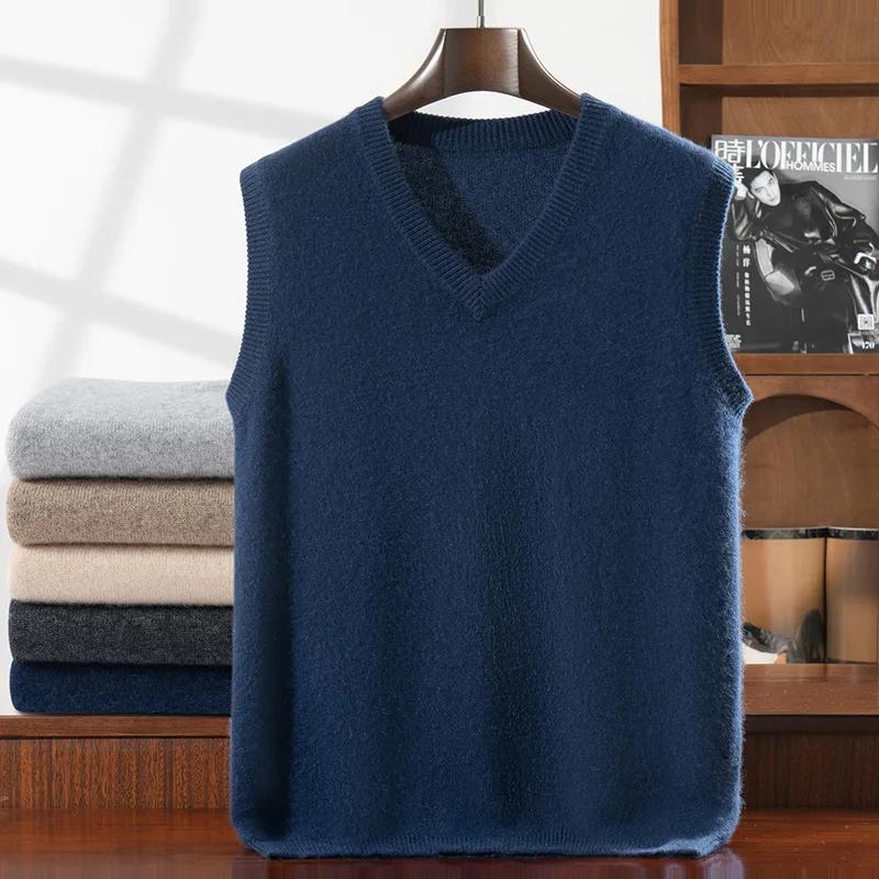 ANGEL Men V-neck Cashmere Waistcoat Spring Autumn Winter Solid Sleeveless Pullover Sweater 100% Goat Cashmere Knitwear Vest Top view 5