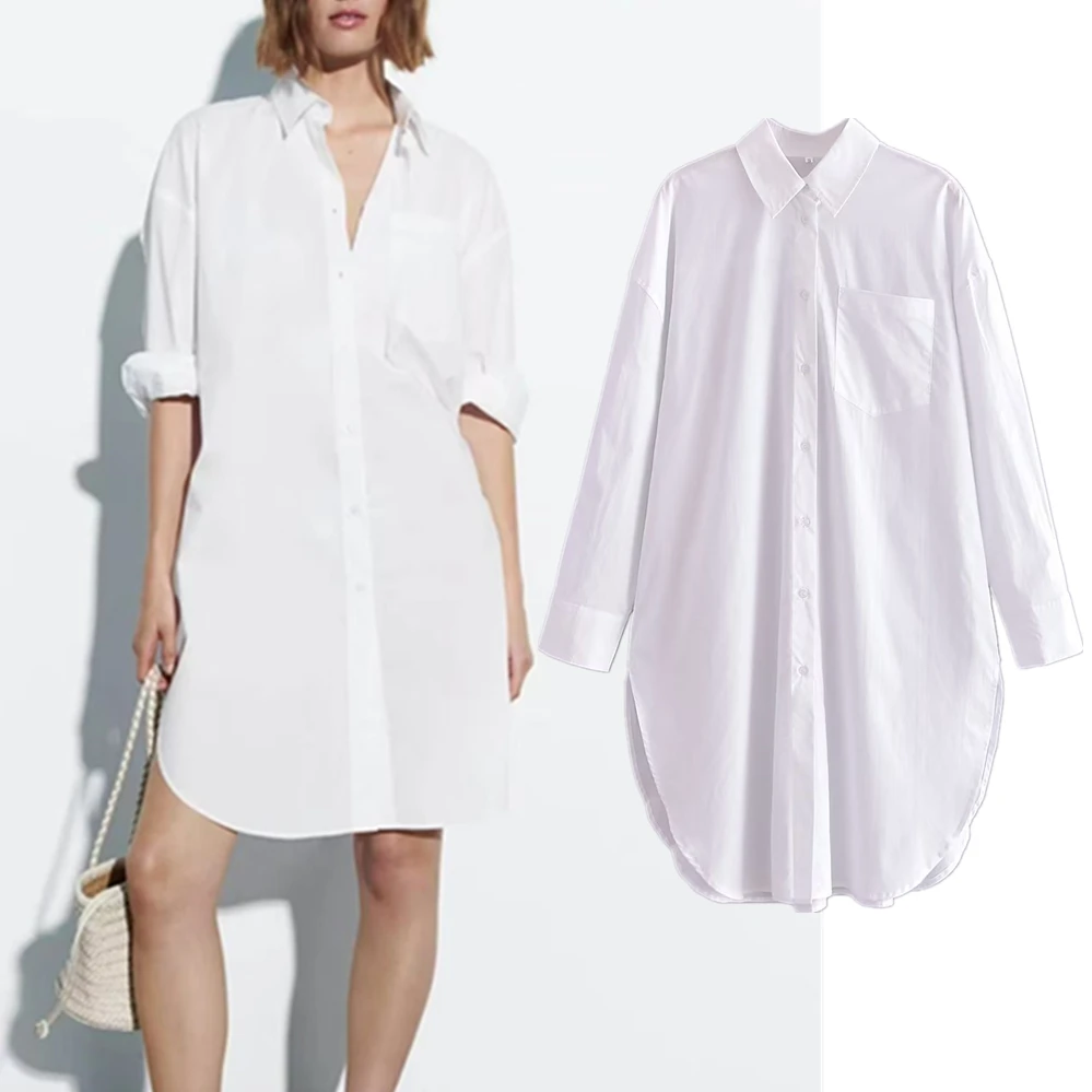 

Maxdutti 2023 Summer Loose Dress New Ladies Long Shirt Women White PoplinFemale