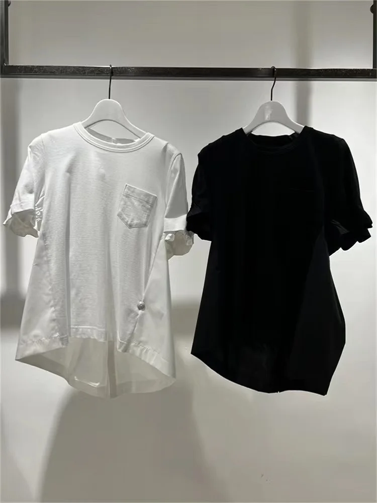 

FOG SACAI Women's Loose ort Sve irt Summer 2024 New Folded Splicing T-irt Street Sle round Ne Cotton Top