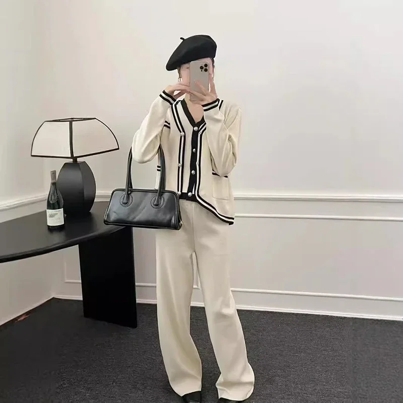 أنيقة محبوك المرأة 3 قطعة مجموعات سترة معاطف القمم Conjunto كوريا عالية الخصر بنطال ذو قصة أرجل واسعة الزي سليم سترة دون أكمام دعوى #5