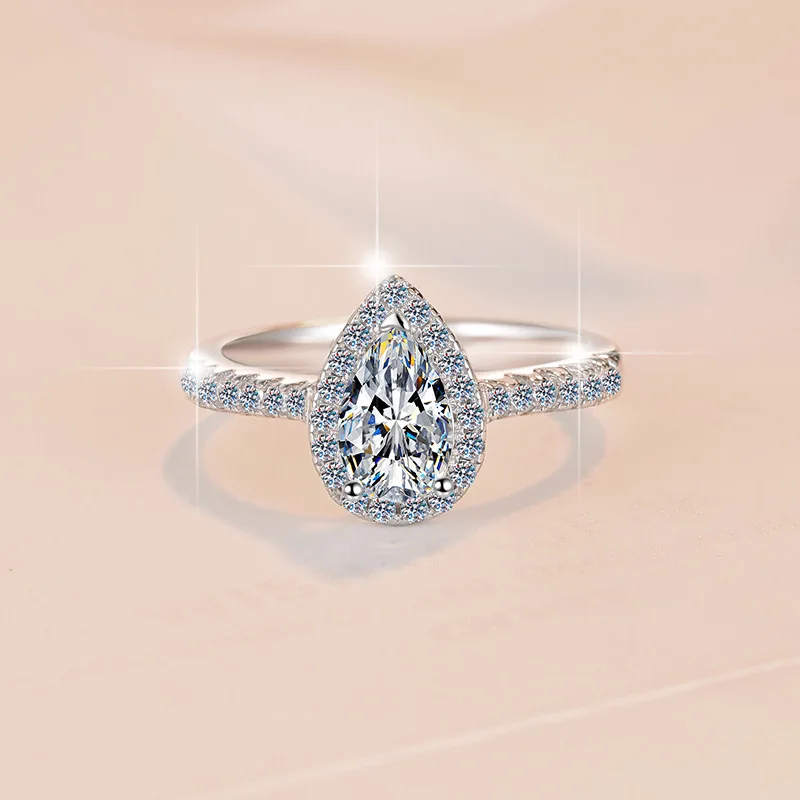 925 ring water droplet girl heart pear shaped 1-carat zircon ring light luxury fashion European and American moissanite ring