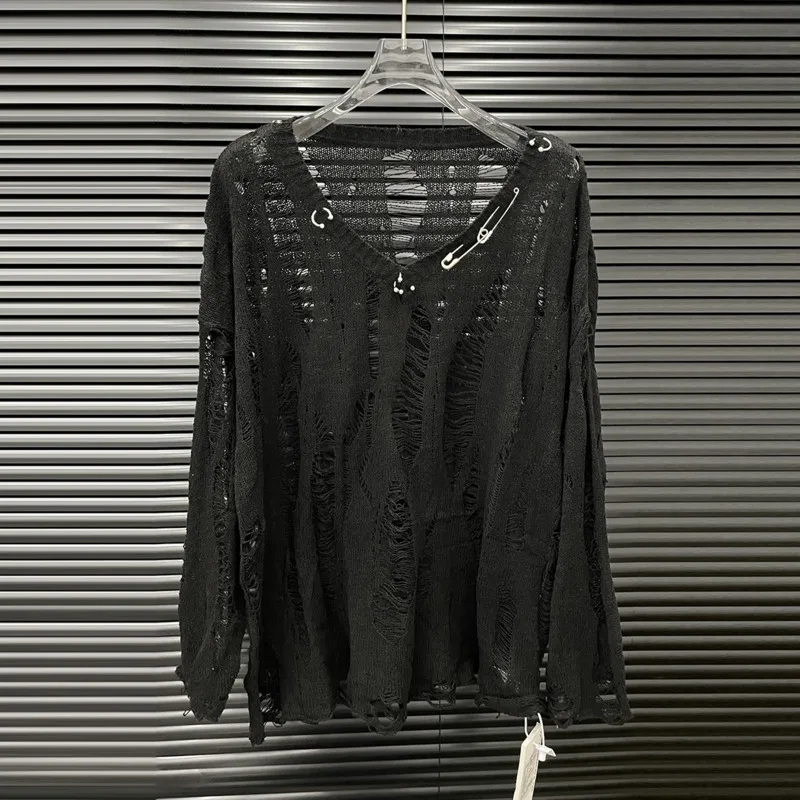 HKSH Autunno Nuove Donne Chic T-Shirt Con Scollo A V Manica Lunga Lavorato A Maglia Scava Fuori Spille Decorare Sottile Streetwear Alla Moda Casual Magliette E Camicette HK9053