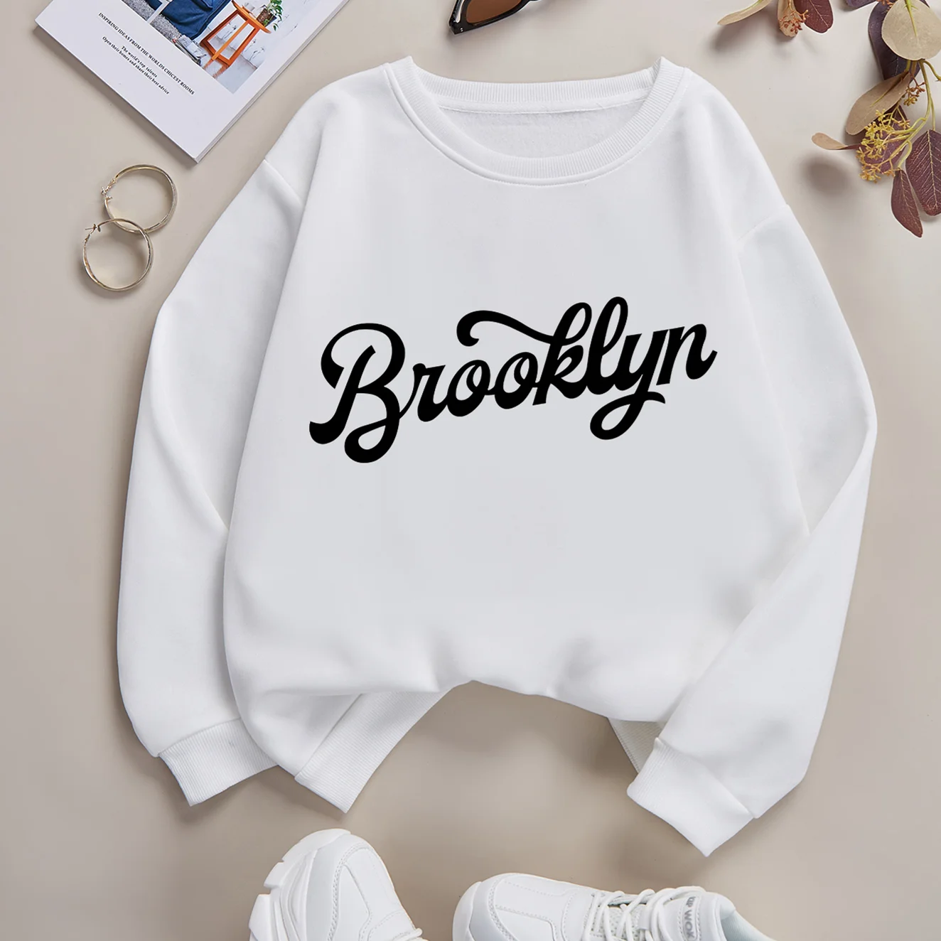 Brooklyn Letter Print Chic Women  Round Neck Sweatshirt Neck Casual High Street Winter Autumn Female Pullover