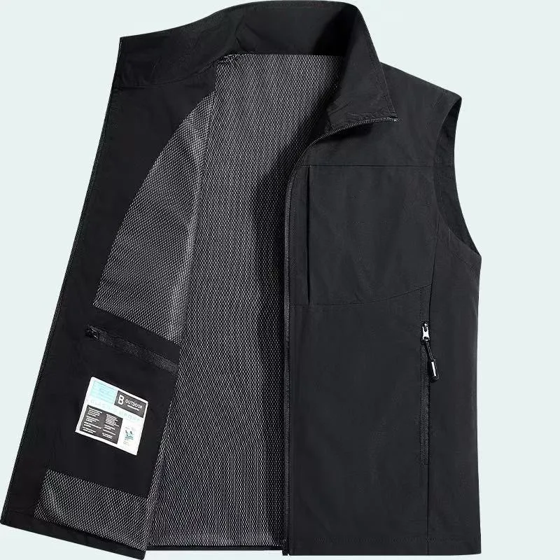 เสื้อกั๊กลำลองสำหรับผู้ชาย ฤดูใบไม้ร่วงและฤดูหนาว เสื้อกั๊กกลางแจ้งสำหรับวัยกลางคนและผู้สูงอายุ มีกระเป๋า เสื้อแจ็คเก็ตแขนกุด คอตั้ง