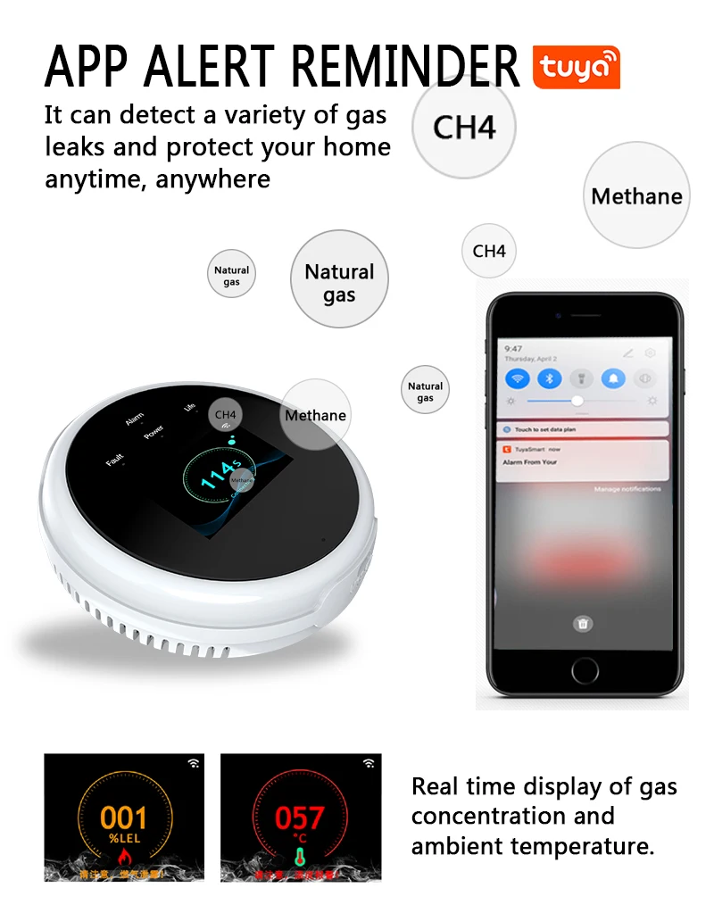 Wi-fi sensor de alarme de gás natural display lcd tuya vazamento com função de temperatura detectores de gás combustível suporte para casa vida inteligente