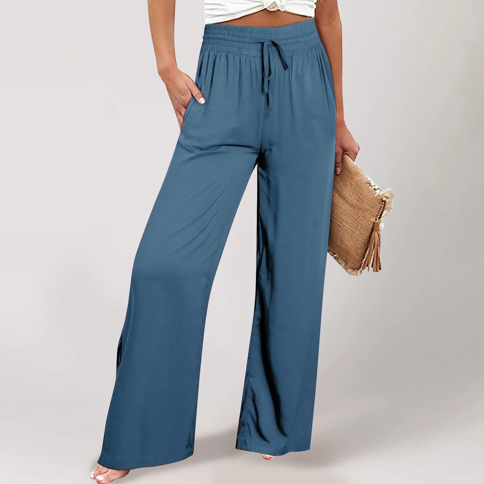 

Women Wide Leg Pants Drawstring Elastic Waist Solid Color Trousers Spring Summer Office Lady Cotton Linen Loose Casual Long Pant