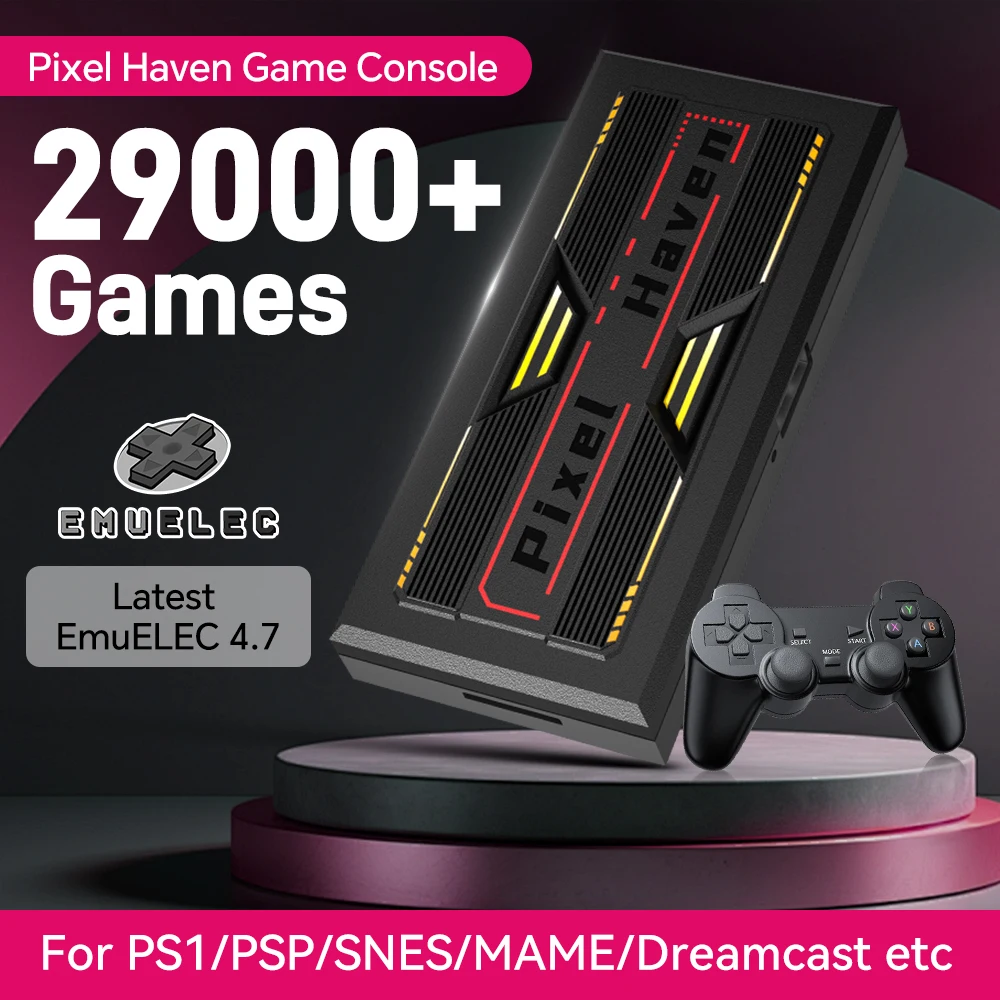 

JMachen Pixel Haven Retro Video Game Console EmuELEC 4.7 OS Video Game Player with 29000+ Games for PS1/PSP/MAME/SS/SNES for TV