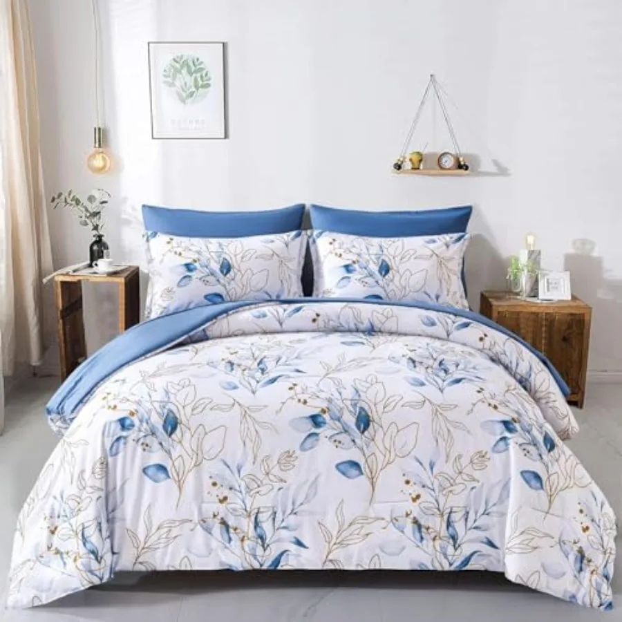 

Comforter Set Queen 7 Pieces Floral Bed in a Bag Gold Blue Leaves Bedding Set Queen 1 Comforter 2 Pillowcase 2 Pillow Shams 1 F