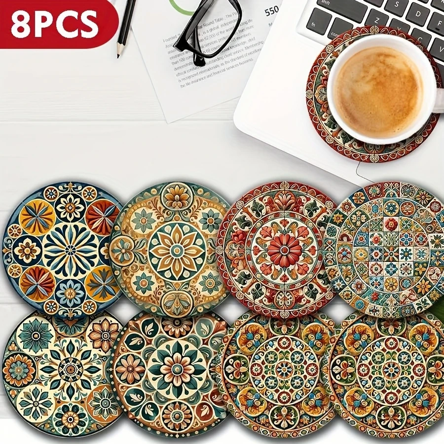 8pcs Moroccan Mandorla 2D Wooden Coasters Set Artistic Circular Beverage Markers for Coffee Tea Home Dining Table Decoration