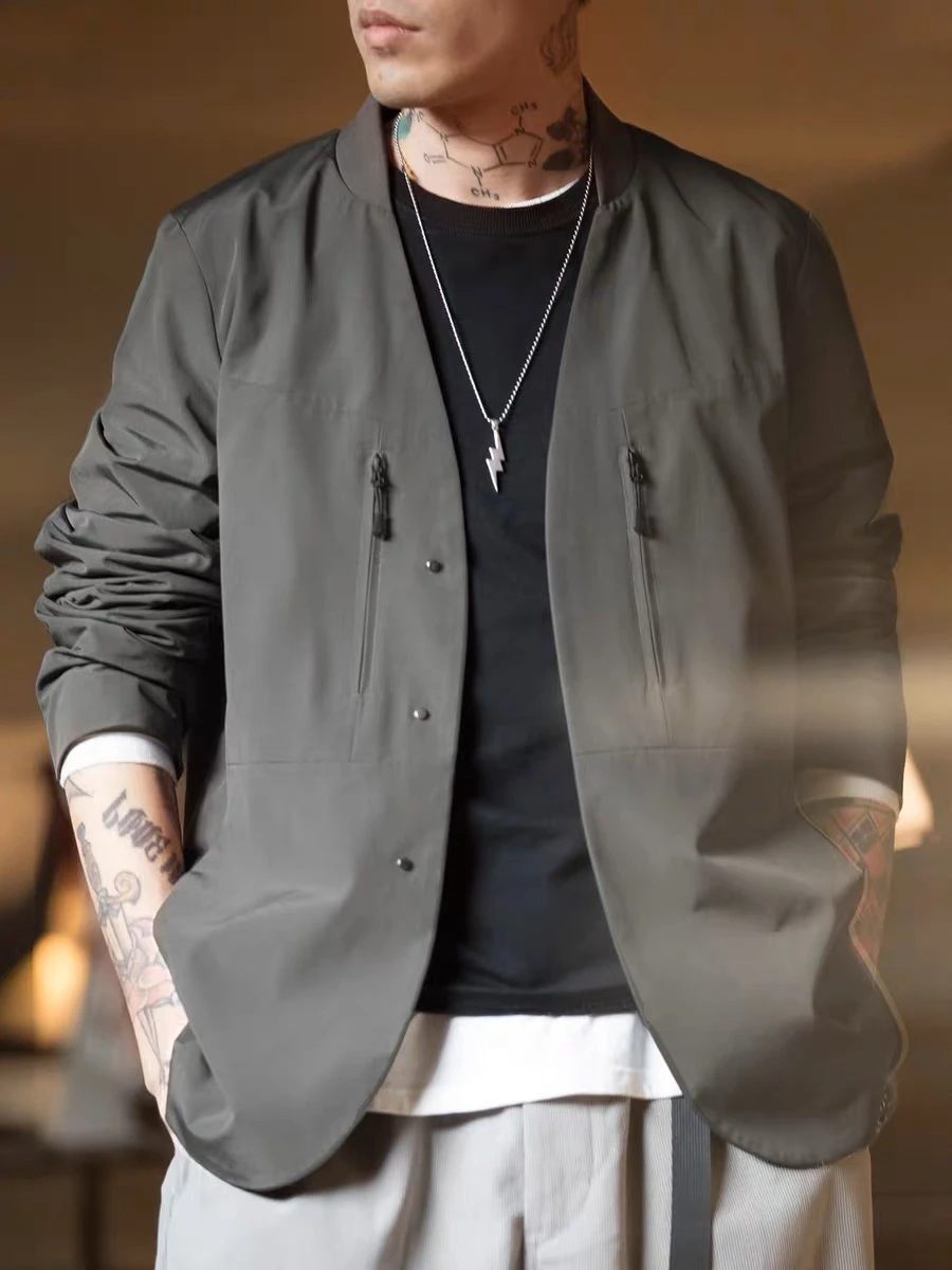 

Maden ey Casual ex Jaet Spring Commute Suitable Single Button Coat Stand Fit Long Sve Zipper Decoration Polyest...