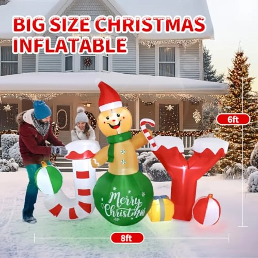 Outdoor Christmas inflatable decoration, PVC material, white and red color, 6x8 FT gingerbread design with 7 built-in LED light
