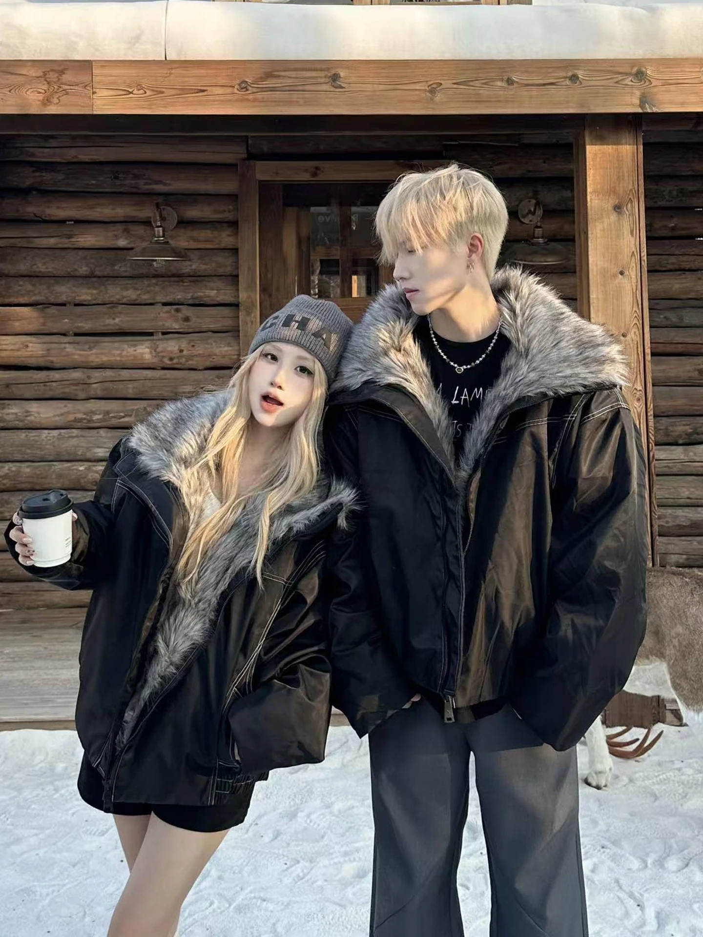 Thickened American Style Cotton Jacket with Large Fur Collar for Men And Women Couples Winter Warm Clothing Youth Fashion