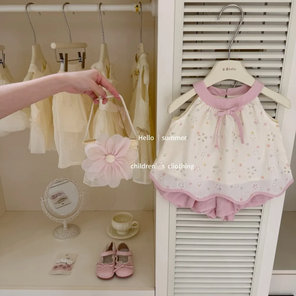 

Original Design Girls 2Pcs Summer Outfit, Pink Floral Print Top with Bloom Shorts Stylish Casual Set for 73-130cm