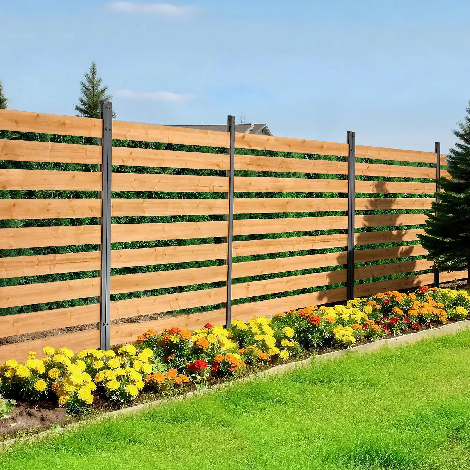 

Wooden Privacy Fence, 48 x 49 x 28 inch Air Conditioner Fence, 2 Panel Solid Outdoor Wood Privacy Screen with Metal Stakes, S