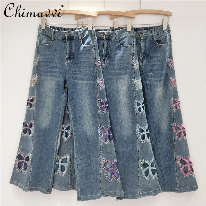 

Heavy Hot Diamond Embroidery Hollow Elastic Denim Pants Women's Summer New Fashion High Waist Loose Versatile Wide Leg Pants