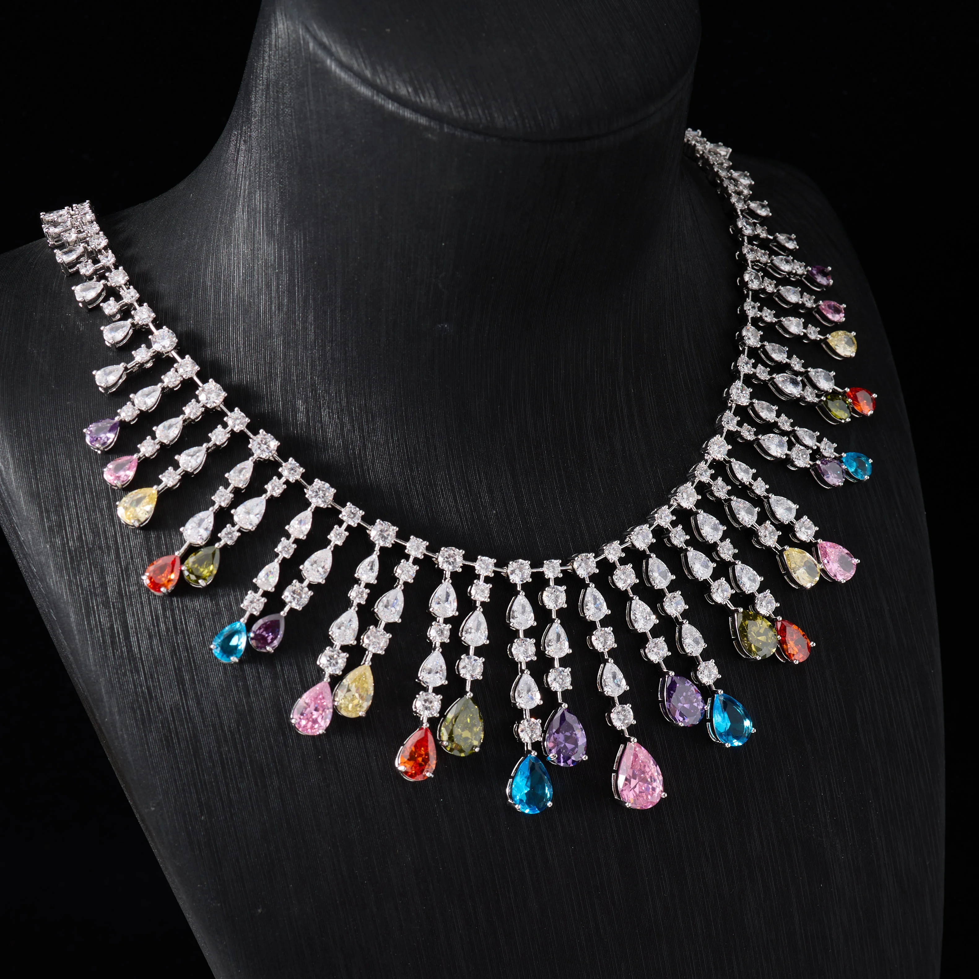 00020 Bridal Women Necklace Sets Colorful Cubic Zirconia Jewelry DuBai Saudi Wedding Engagement Party Festival Jewel Accessory