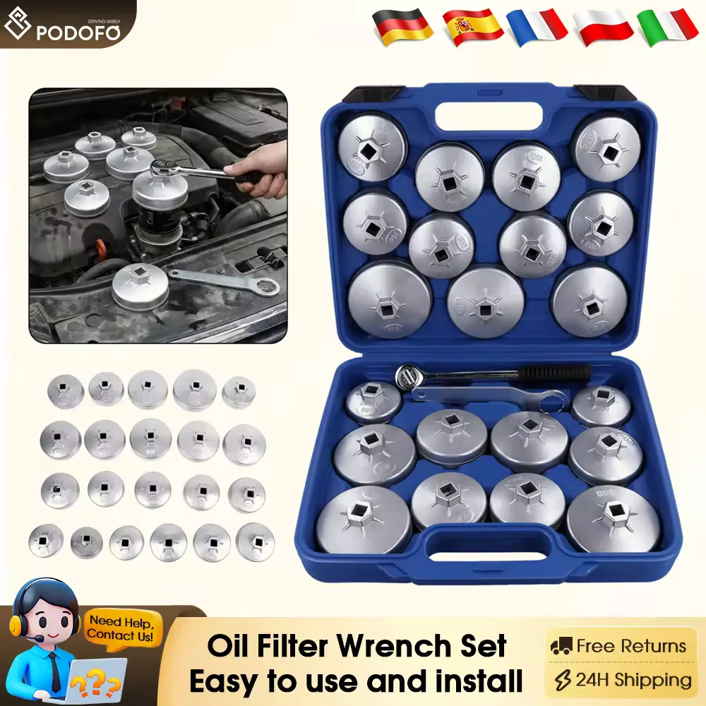 Juego de Llaves para Filtro de Aceite Podofo de 23 Piezas, Juego de Herramientas para Extraer Filtros de Aceite con Unidad de 1/2\", Juego de Llaves para Tapas de Filtro de Aceite, Herramienta de Extracción Automática