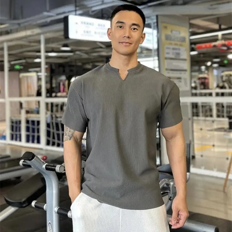 Gym loose men's sportswear V-neck short-sleeved T-shirt top vertical grain solid color casual men's wear