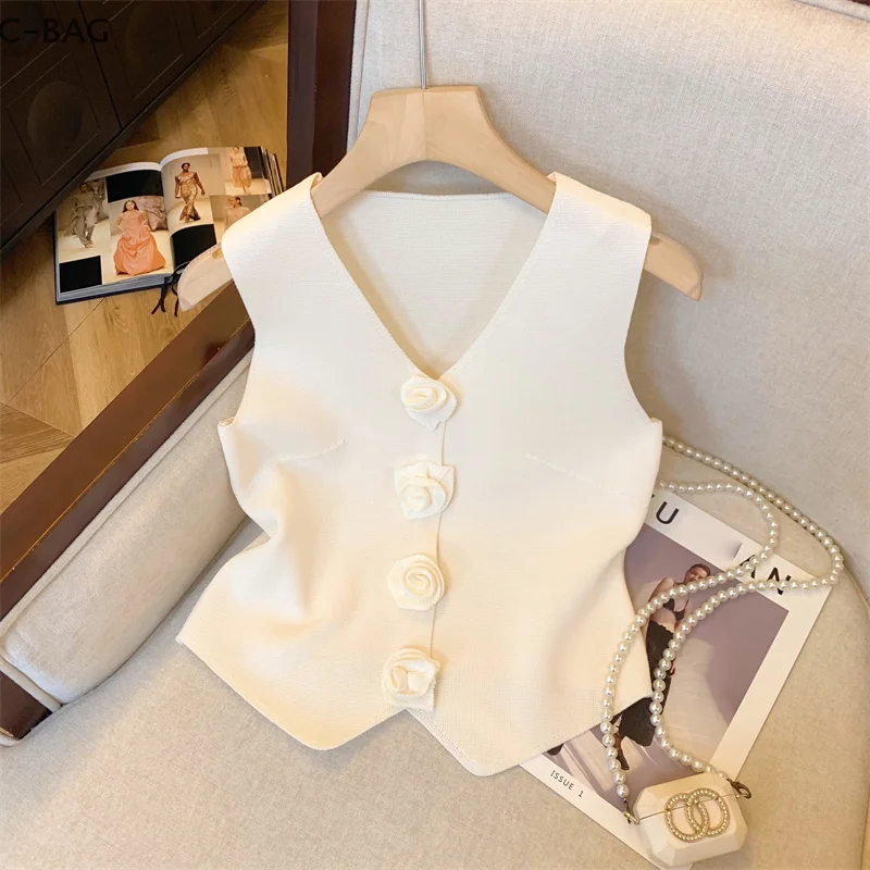 French Retro Three-dimensional Flower V-neck Single Breasted Sleeveless Slim Knitted Vest For Women