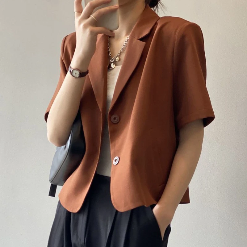 Suit Top Women\'s Thin Jacket Outerwears Casual Short Sleeve Blazers Solid Cotton Coats Korean Version Clothing Summer Topcoat