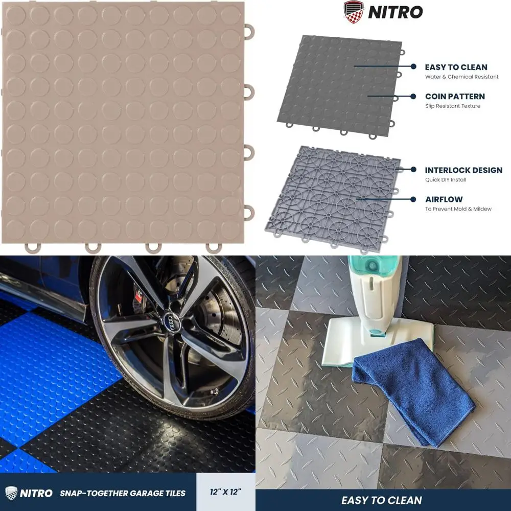 

Non-Slip 12x12 Interlocking Plastic Garage Floor Tiles with Coin Pattern, Sahara Sand, Easy Snap-Together Installation