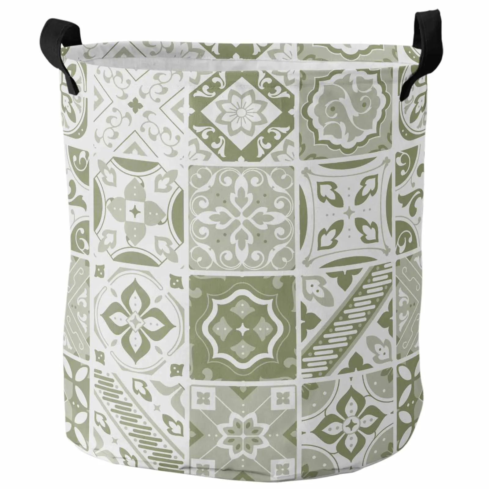 Ceramic Tiles Mediterranean Flower Square Green Dirty Laundry Basket Foldable Waterproof Organizer Clothing Toy Storage Basket