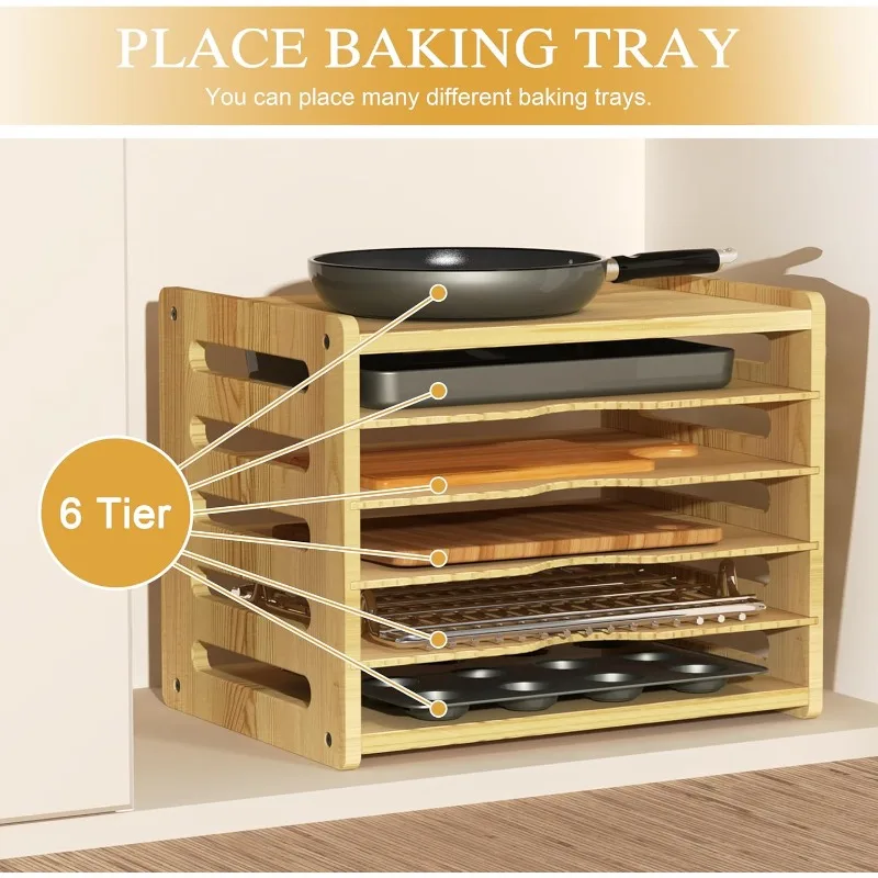 فواصل صينية الخزانات الخشبية المكونة من 6 طبقات، منظم مقسم الصينية العمودية للمطبخ، مقالي التخزين، صواني الخبز، الأغطية، لوح التقطيع