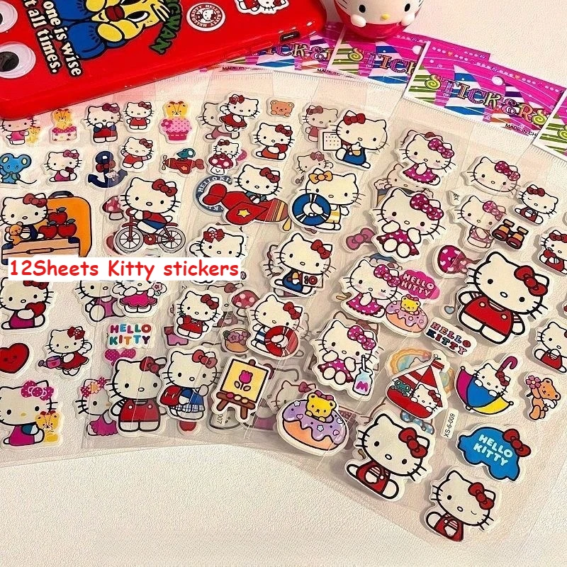 12pcs Steets Kawaii Sanrio Hello Kitty Bubble Stickers Cute Three-Dimensional 3D Stickers Cartoon Kids Toys Gift DIY Decals