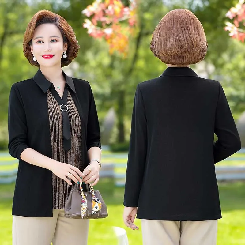 Gefälschte zweiteilige Tops edle Damen Vintage Langarm T-Shirt Frühling Herbst Mütter mittleren Alters Kleidung