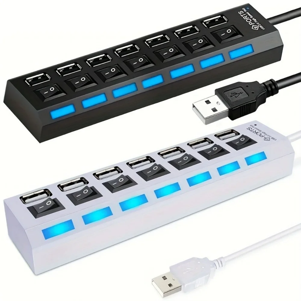 Adaptador HUB USB2.0 de Alta Velocidade com 4/7 Portas, Expansor Multi USB com Interruptor de Lâmpada LED para PC, Laptop e Desktop