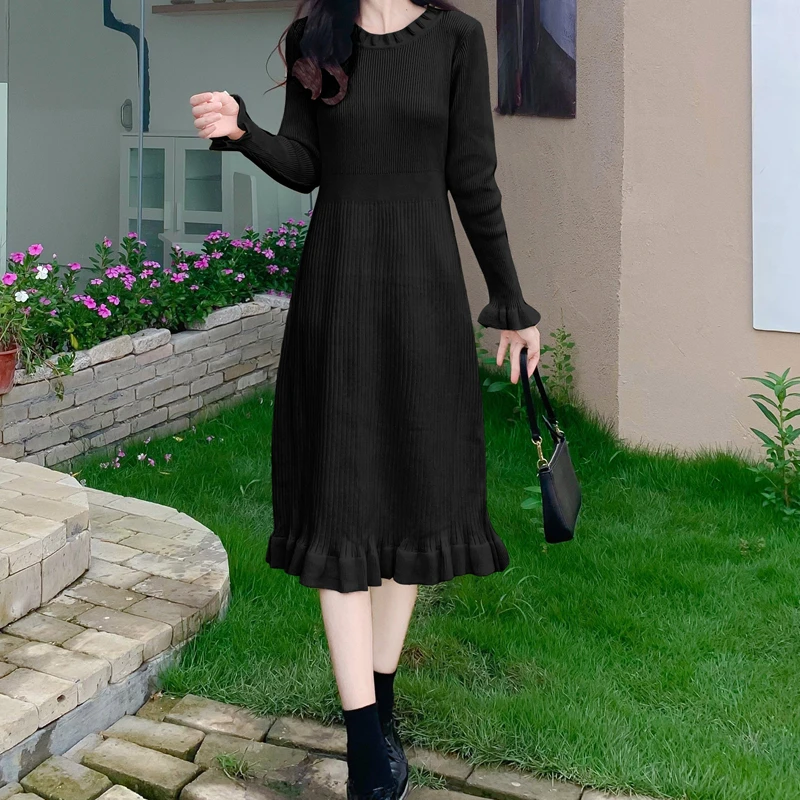 تنورة ماكسي طويلة محبوكة ملونة للخريف والشتاء، طبقة أساسية داخلية جديدة للنساء بمقاسات كبيرة