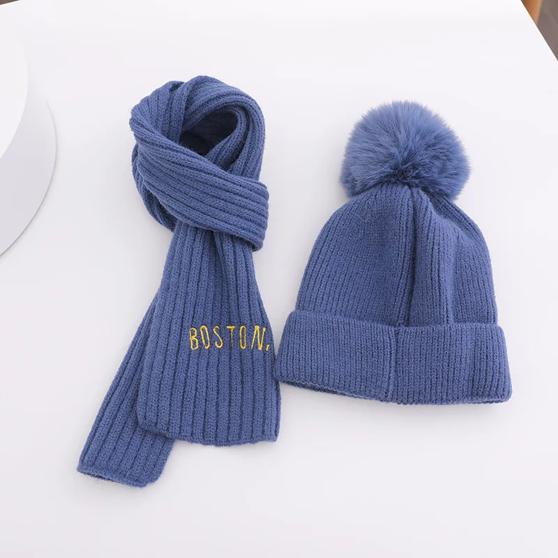 8 Colors Winter Fashion Letter Beanie Hat for Boys Girls Outdoor Warm Knitted Hat with Scarf Sets Kids Woolen Headwear Cap 3-8Y