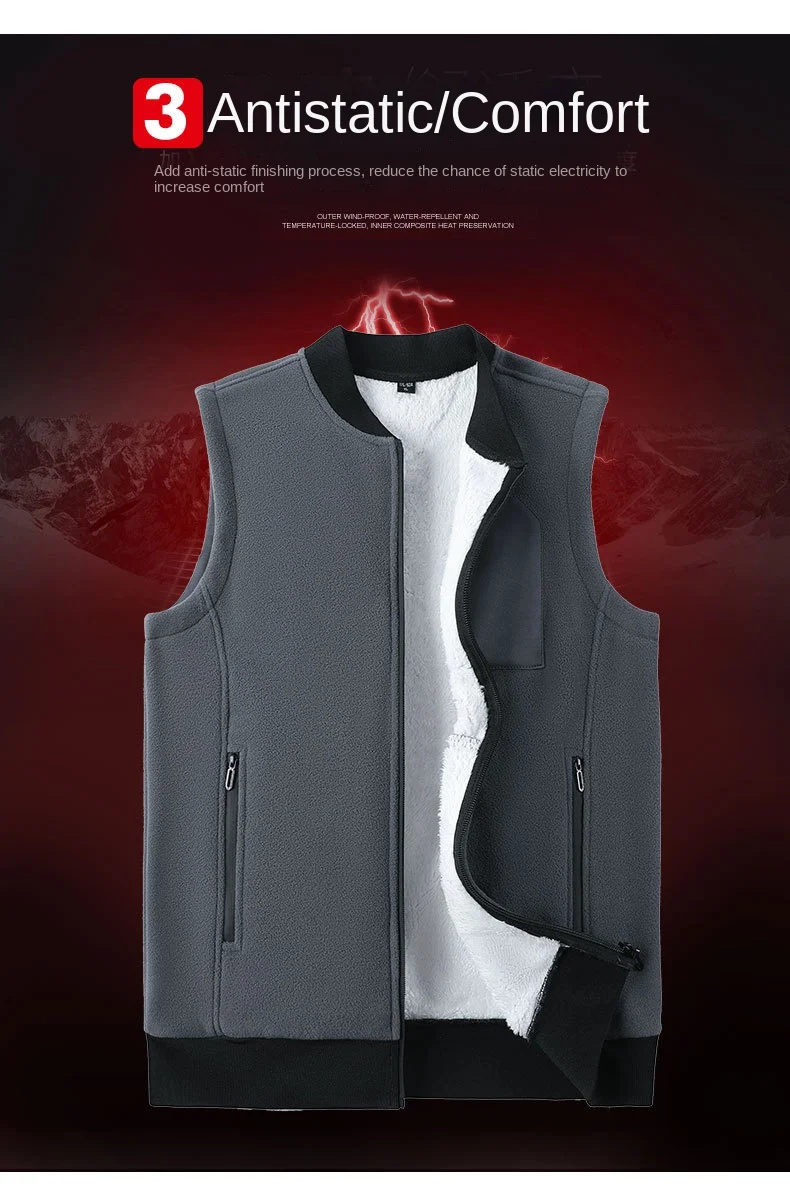Herren Winterweste, ärmellos, Stehkragen, einfarbig, Fleece, dick, warm halten, Übergröße, Nackenschutz, Winterweste für den Alltag – Detail 10