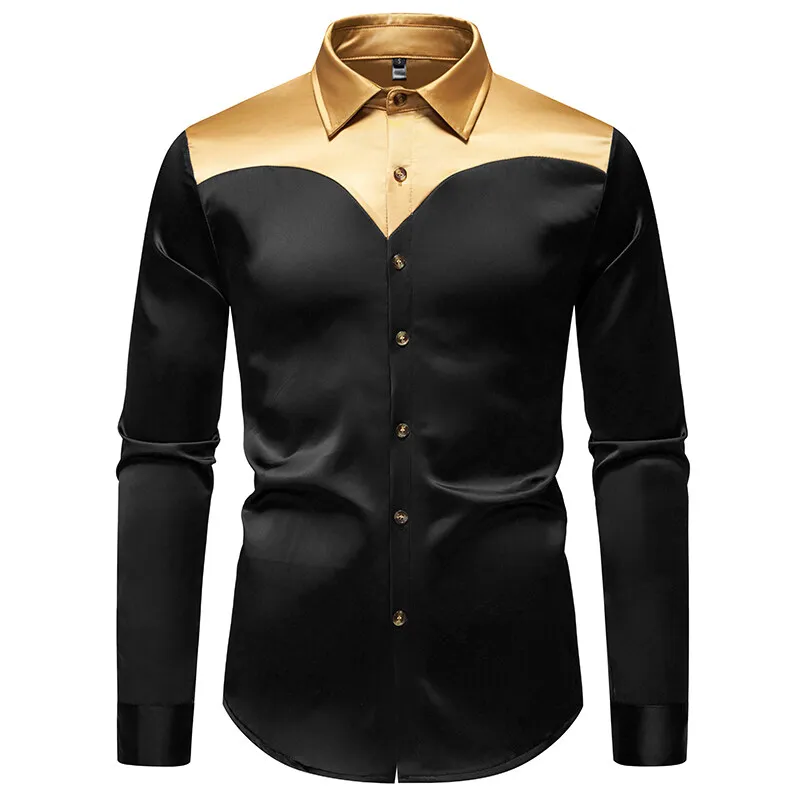 Satin Silky Luxury Shirts For Men Long Sleeve Color Block Casual Four Seasons Quality Plus Size Slim Fit Gentleman Chemise Homme