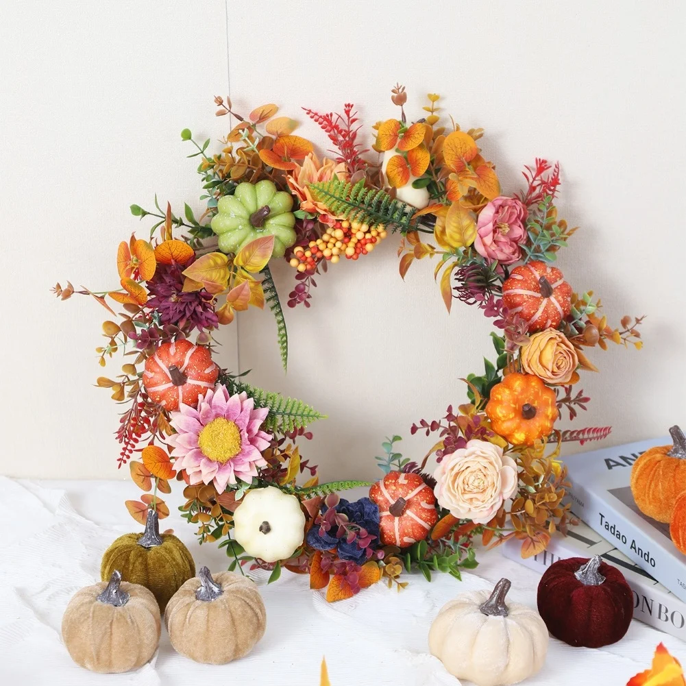 

1 Pcs Fall Wreath Vibrant 18'' Fall Wreath With Pumpkins & Flowers - Perfect For Thanksgiving Artificial Flowers Decorations