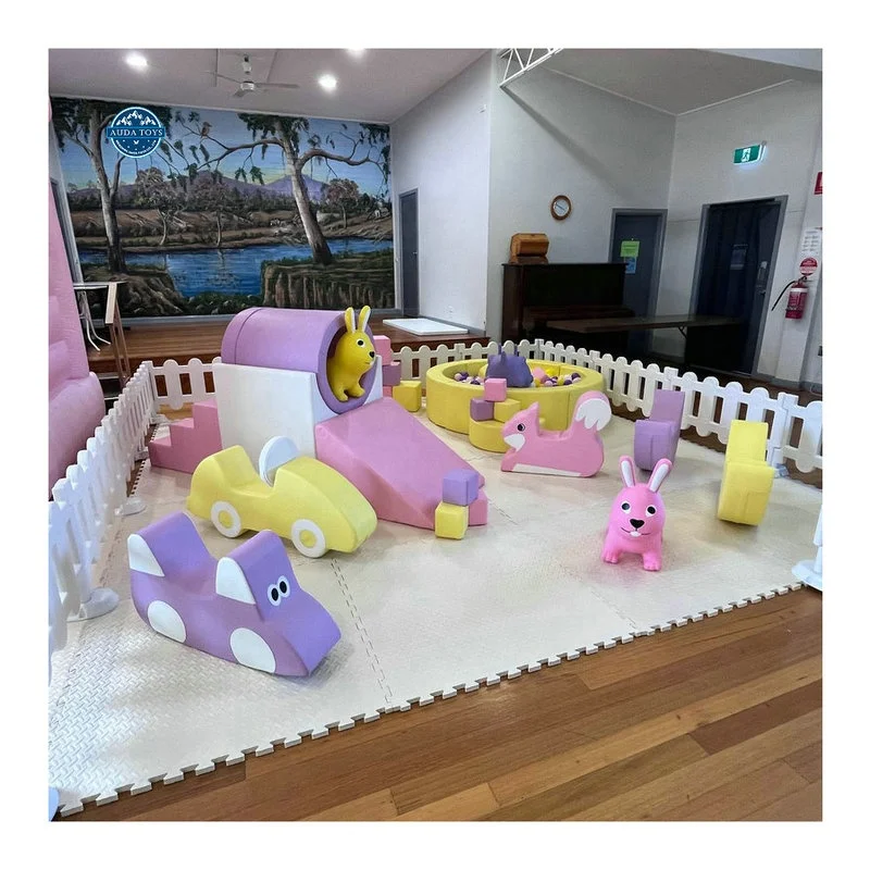 Girl's Birthday Party Indoor Playground Equipment With Pink Yellow Purple Soft Play For 20 Kids PU Plywood Material