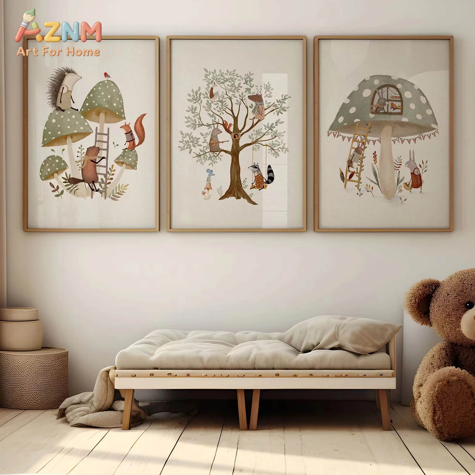 Abstract Tree & Mushroom Woodland Animal Art Canvas Prints Sage Green Wall Art Nursery Poster for Modern Living Room Home Decor